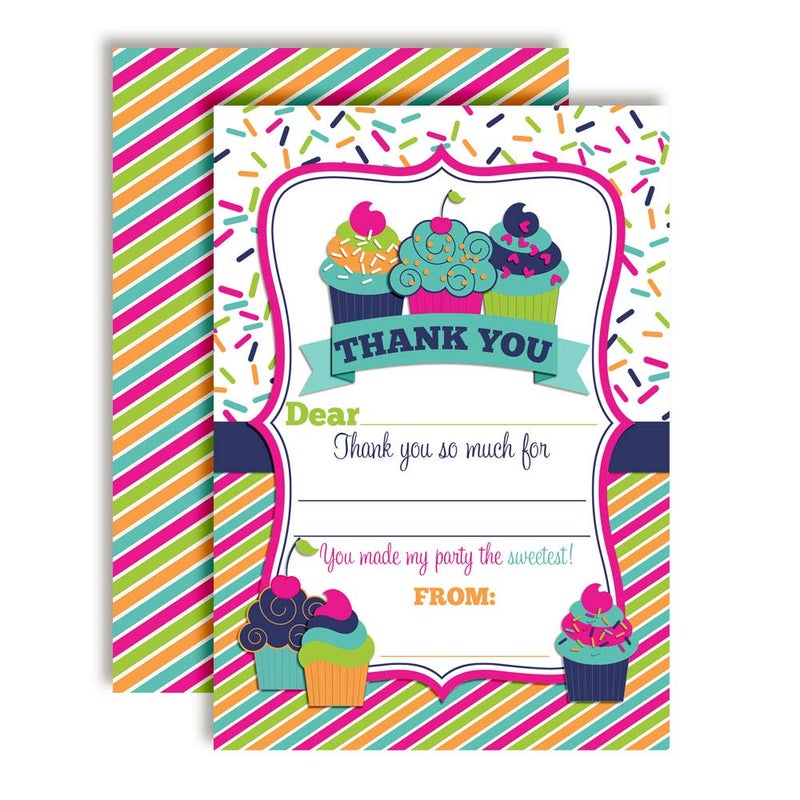 Amanda Creation Cupcake Sweet Treat Themed Thank You Notes for Kids, Ten 4" x 5.5" Fill In The Blank Cards with 10 White Envelopes by AmandaCreation - Image 1